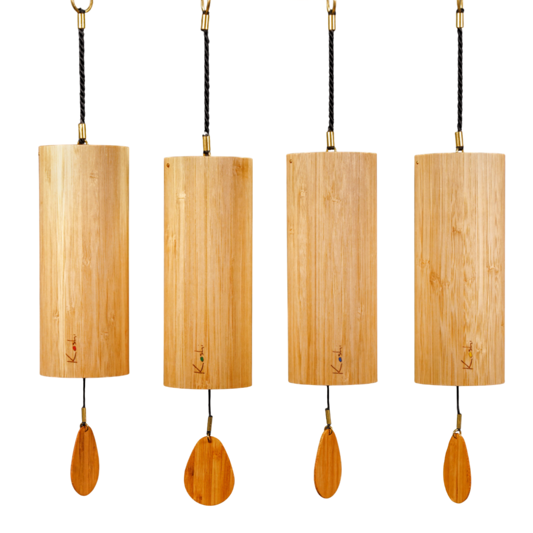 Set of four Koshi chimes — Terra, Aqua, Aria, and Ignis — hanging in a row