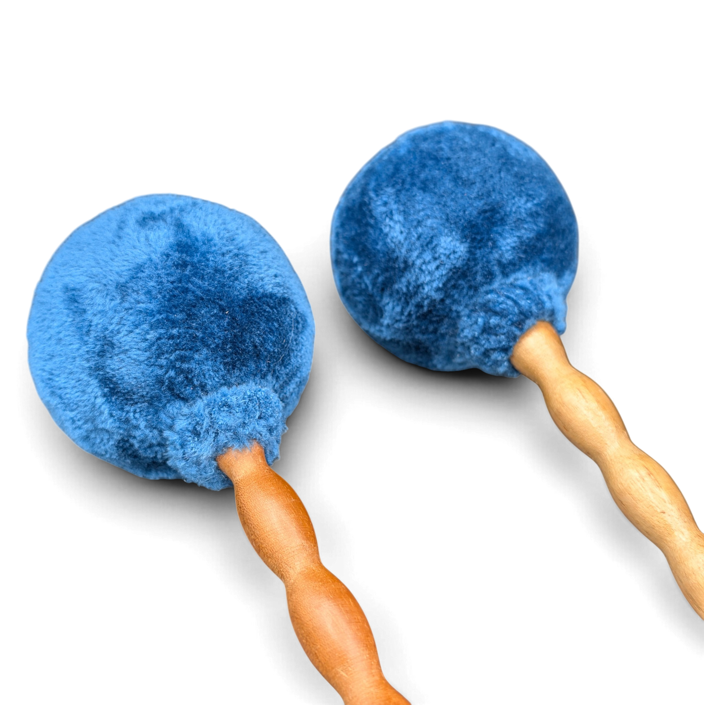 Grotta Sonora roller mallet pair – blue faux-fur heads close-up