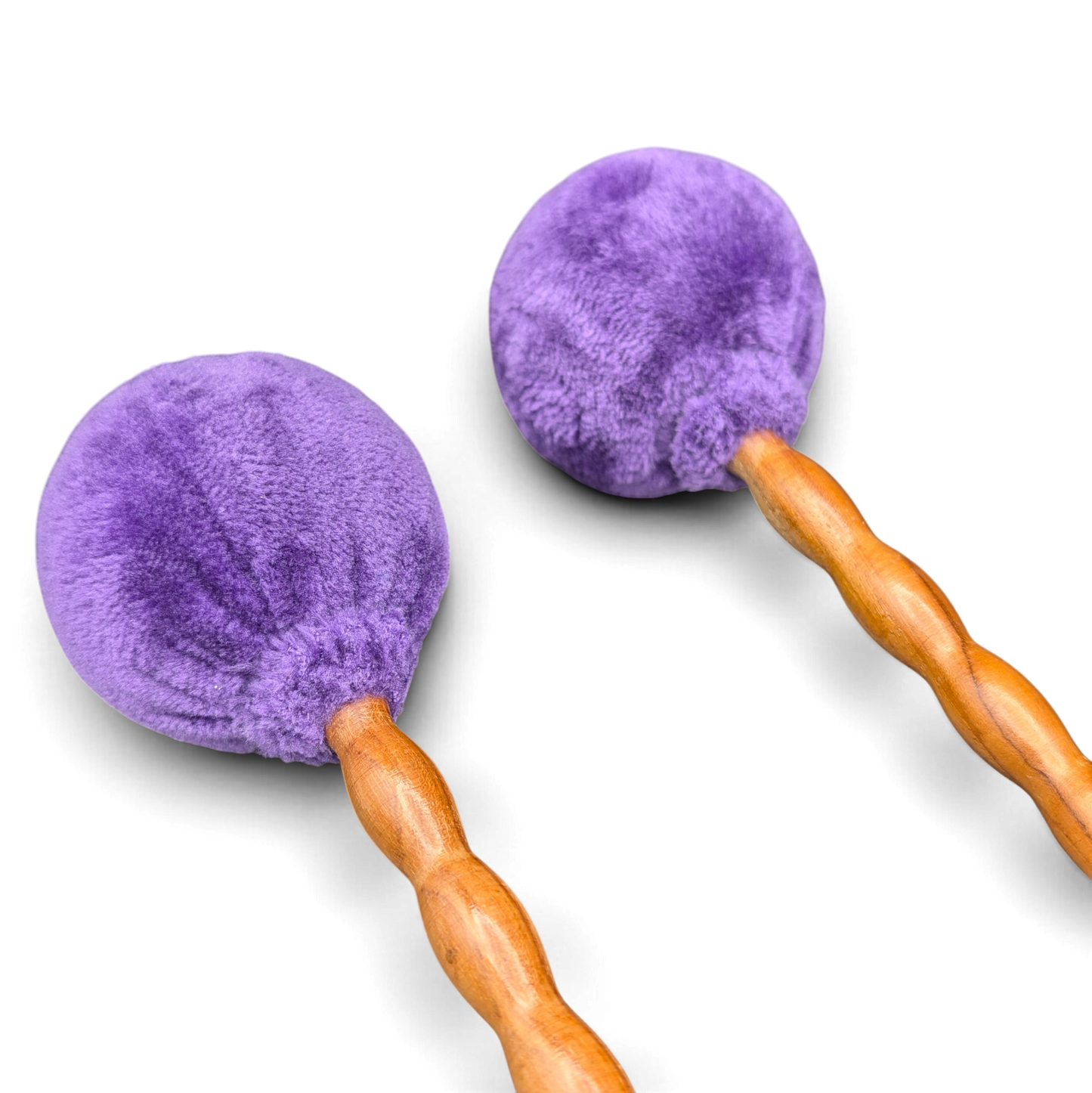 Grotta Sonora roller mallet pair – purple faux-fur heads close-up