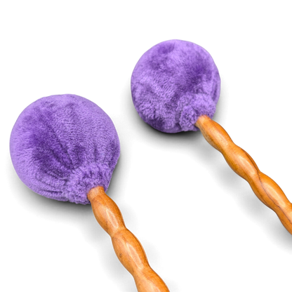 Grotta Sonora roller mallet pair – purple faux-fur heads close-up